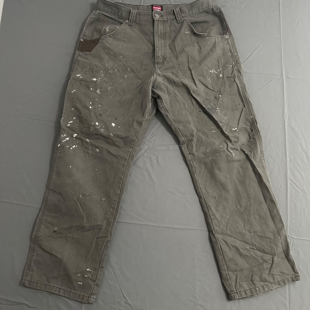 Wrangler Carpenter Pants 36x30 Distressed Workwear Paint Splatter Canvas Gray